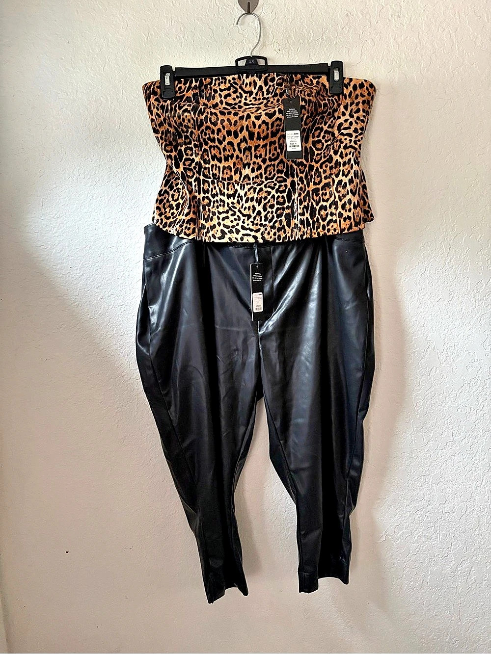 Leopard Print Faux Leather bandeau top & Black Faux Leather Capri NWT